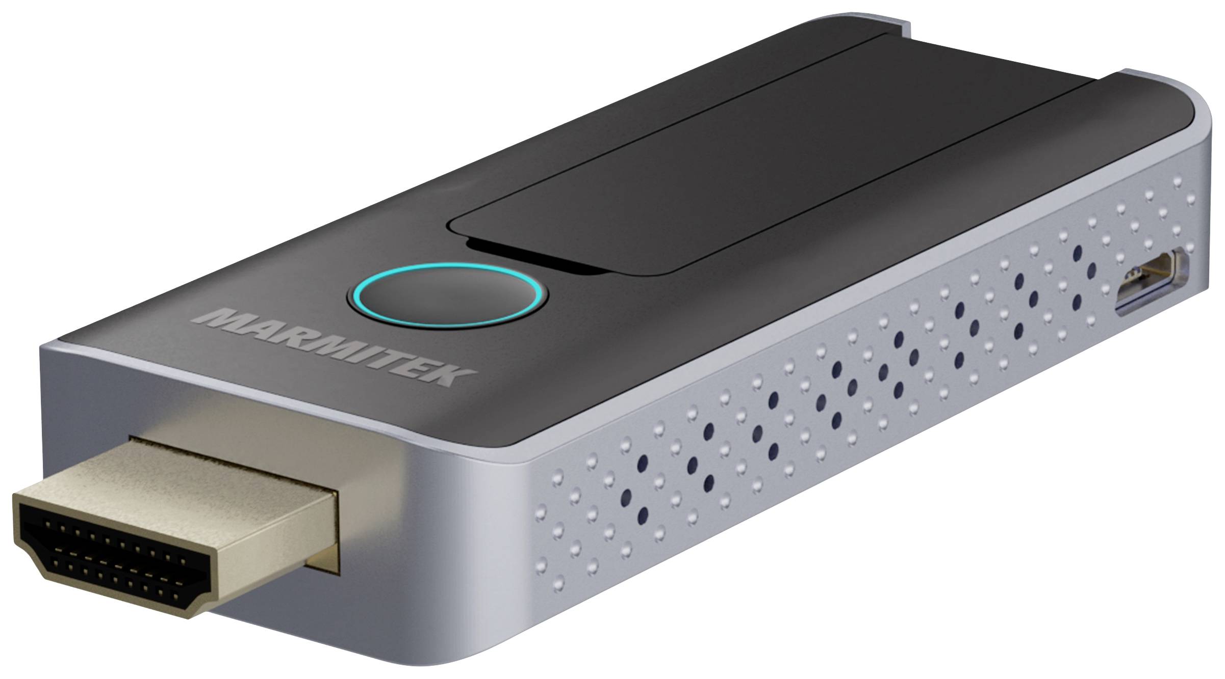 HDMI-dongel s USB portem a větracími otvory pro bezdrátový přenos obrazu a zvuku na televizor nebo monitor.