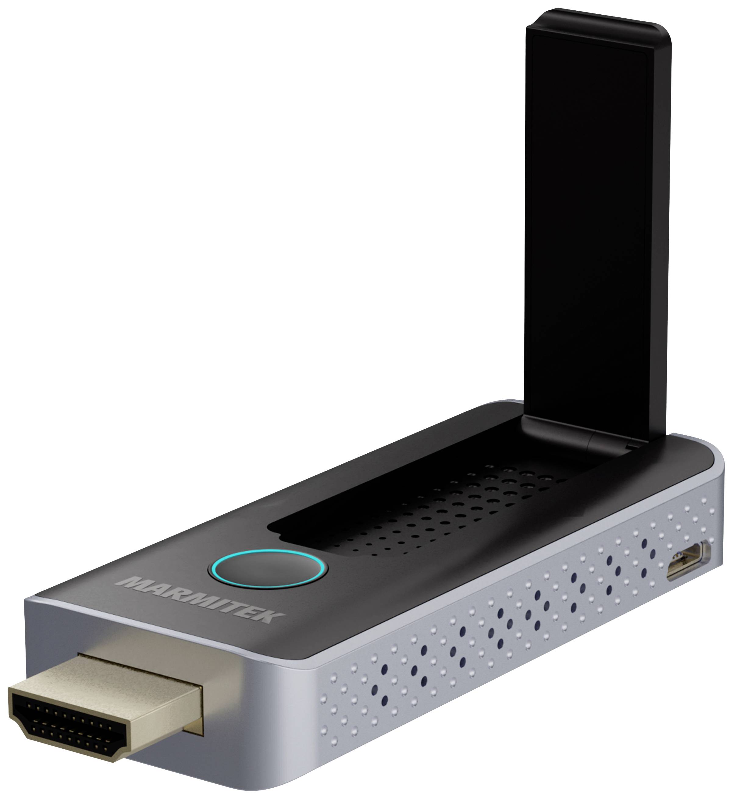 Zařízení HDMI s obdélníkovým tělem a vzpřímenou anténní částí. Má HDMI port a je navrženo pro bezdrátové připojení.