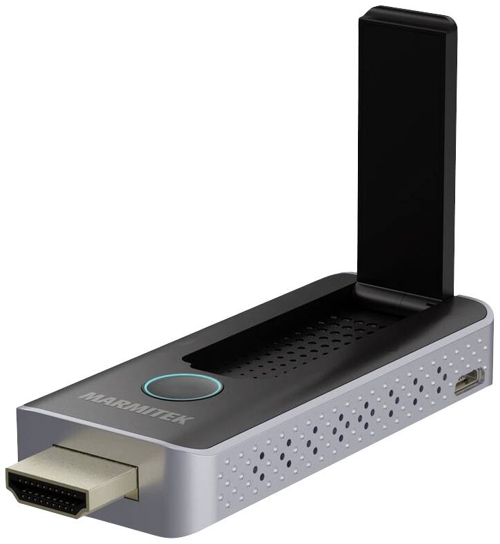 Bezdrátový HDMI adaptér s USB portem a vertikální anténou, určený pro bezdrátový přenos multimediálního obsahu.