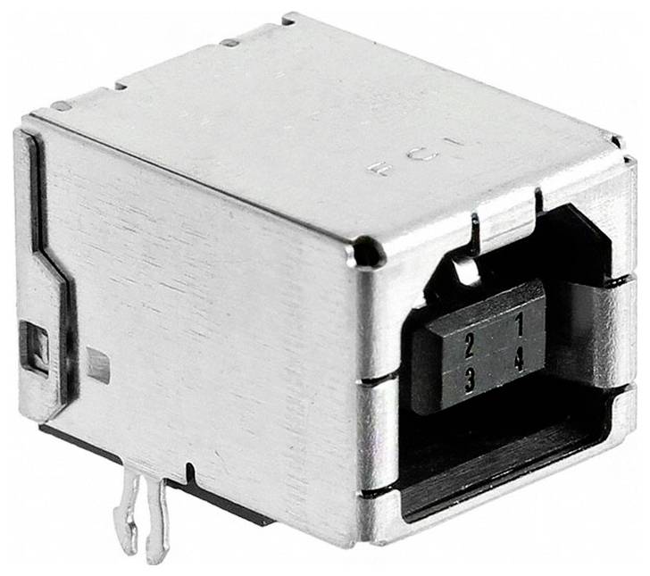 Zásuvka konektoru USB Type-B pro příslušenství, vhodná pro připojení periferních zařízení, jako jsou tiskárny k počítačům, má kovové pouzdro a čtyři kolíky.