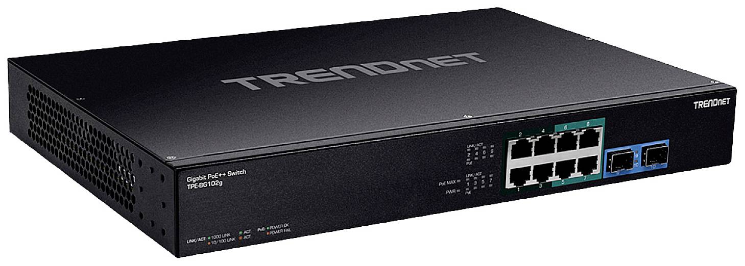 Černý síťový switch TRENDnet s 8 ethernetovými porty a 2 SFP sloty, modelové číslo TPE-0820WS.