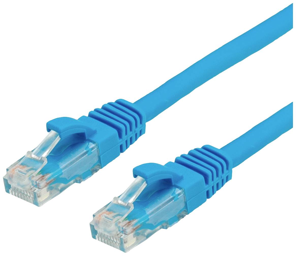 Dva modré ethernetové kabely s průhlednými konektory.