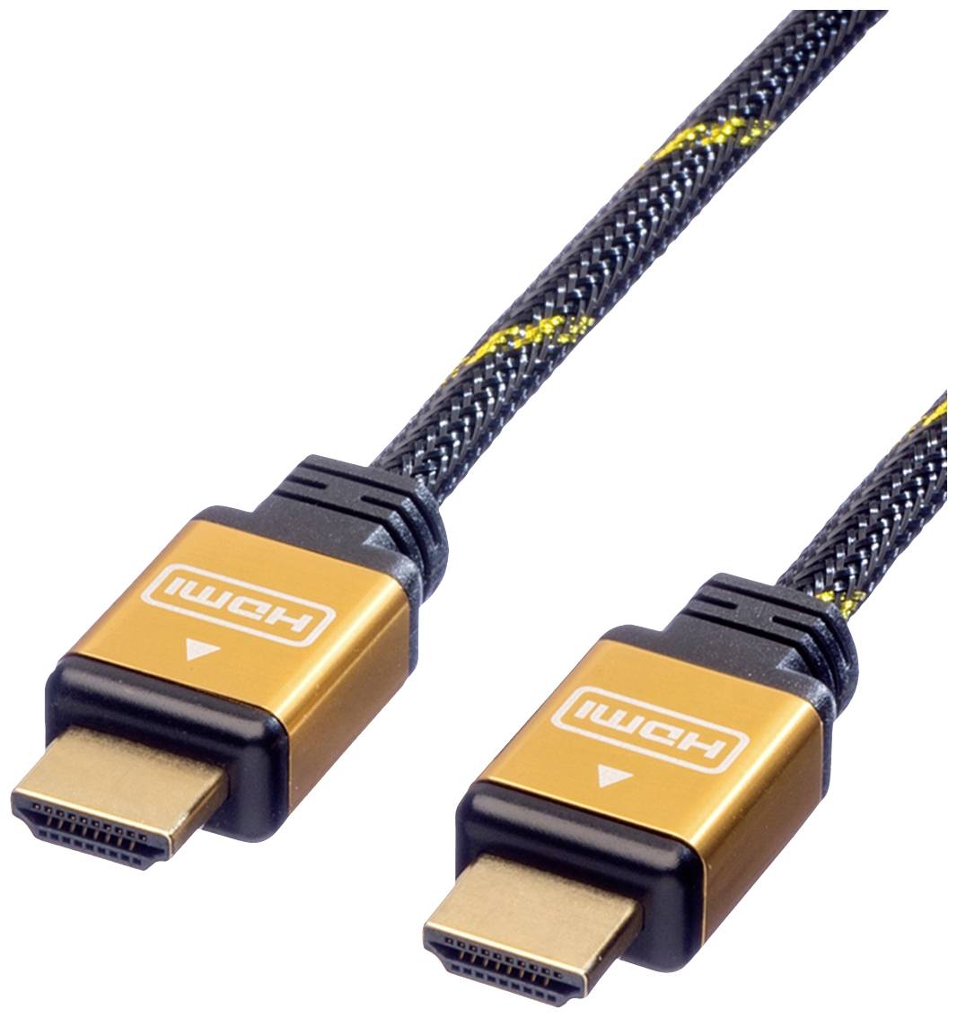Černý HDMI kabel se zlatými konektory.