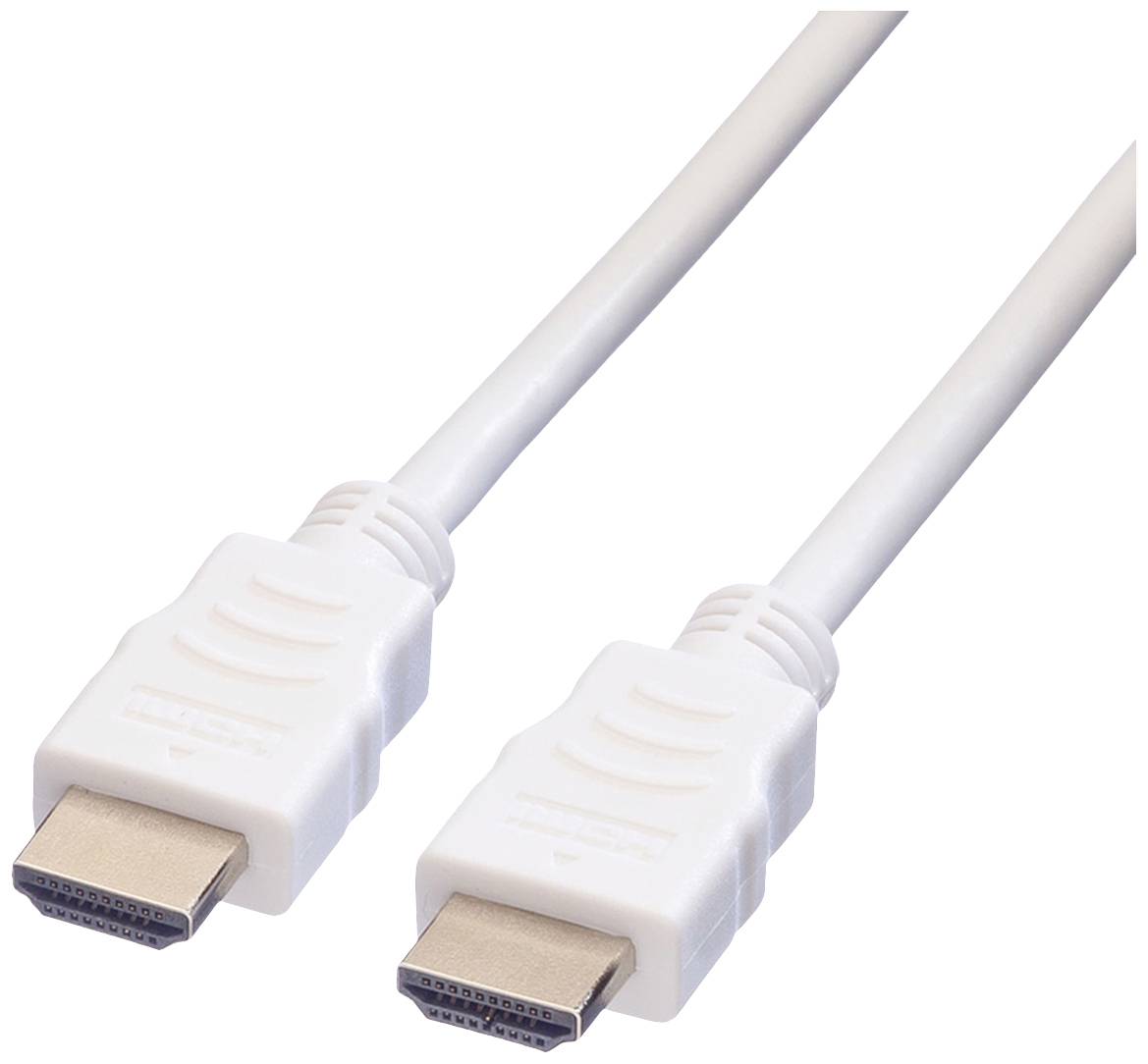 Dva bílé HDMI kabely se zástrčkami, které se používají k připojení zařízení pro přenos vysoce rozlišeného videa a audia.