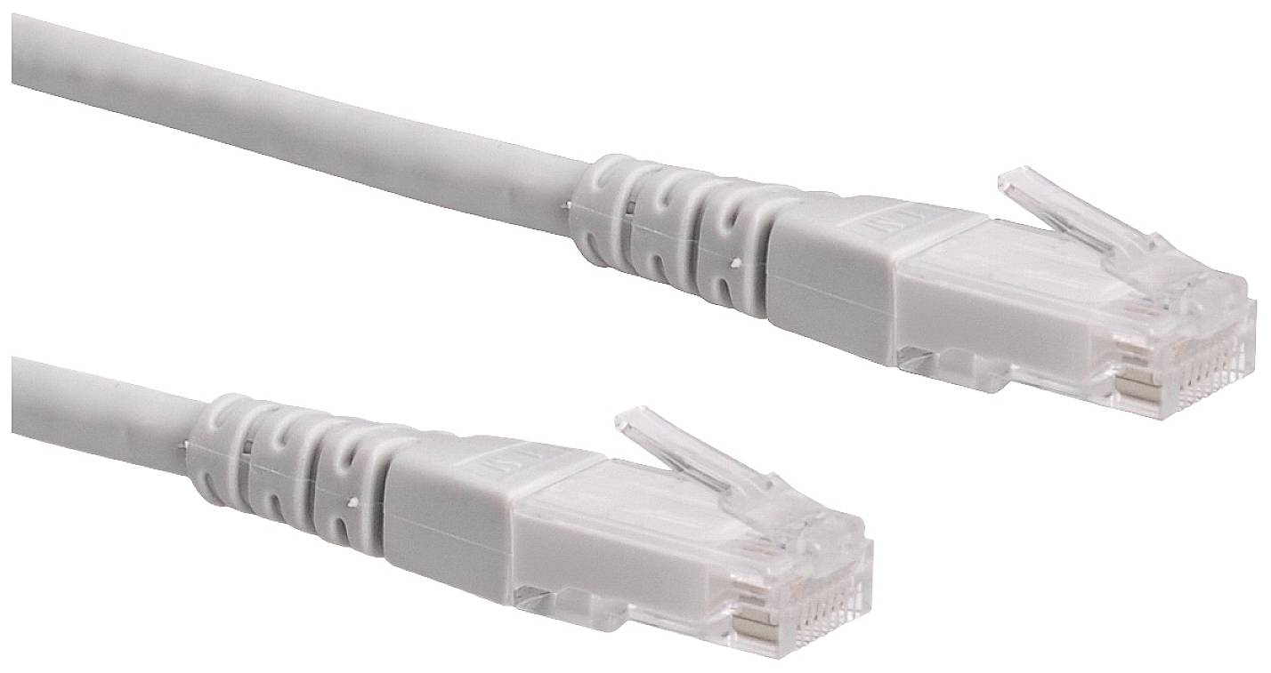Dva šedé ethernetové kabely s konektory RJ45 leží vedle sebe na bílém pozadí.