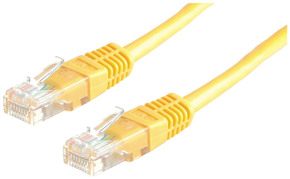 Dva žluté síťové kabely s konektory RJ45, vhodné pro ethernetové připojení, zobrazené na bílém pozadí.