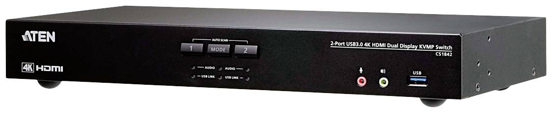 Dvouportový HDMI KVM přepínač od ATEN s tlačítky pro přepínání zdrojů, USB a audio porty, podporující video rozlišení 4K.
