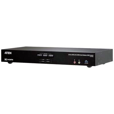 Dvouportový HDMI KVM přepínač od ATEN s tlačítky pro přepínání zdrojů, USB a audio porty, podporující video rozlišení 4K.