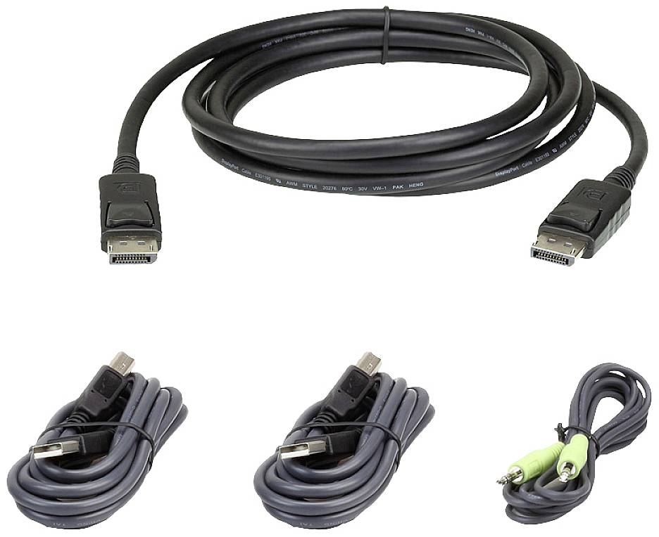 Obrázek čtyř různých kabelů: DisplayPort kabel, dva USB kabely (typ A na typ B) a audio kabel se dvěma jack konektory.