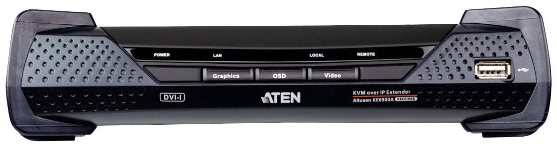 Černý KVM přepínač od společnosti ATEN s několika porty a tlačítky pro 'Power', 'LAN', 'Local' a 'Remote', s USB portem umístěným vpravo.