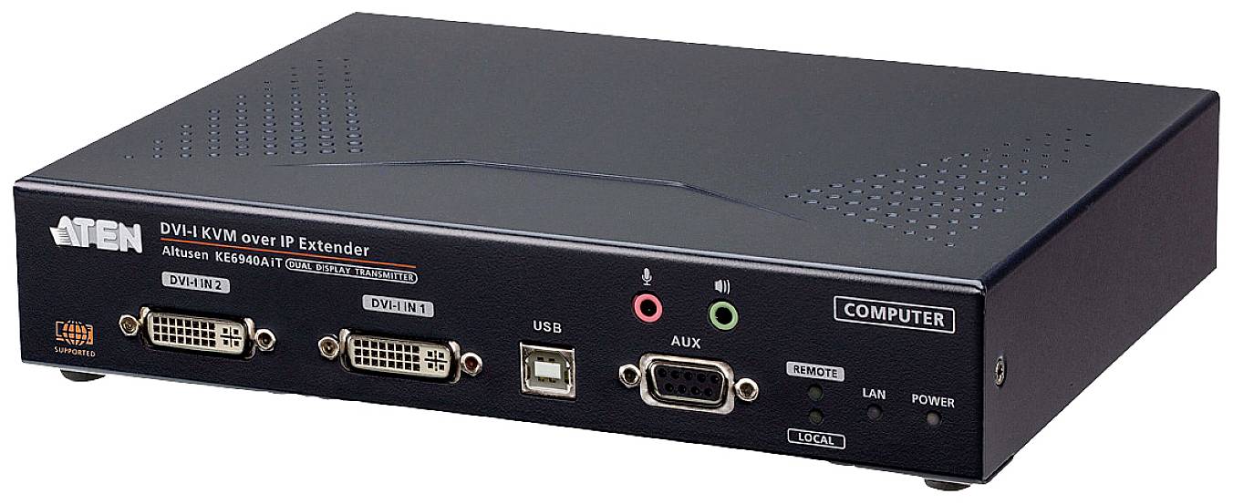 DVI KVM extender od značky Aten s různými konektory: DVI, USB, audio, LAN a napájení. Vyvinut pro síťové připojení počítačů přes IP.