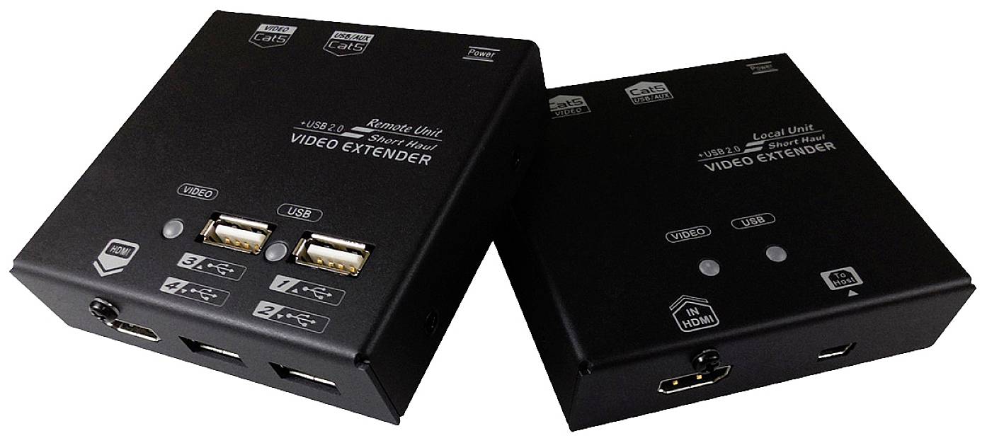 Dvě černé jednotky video extenderu s USB a HDMI porty. Popis ukazuje porty a funkce pro přenos signálu.