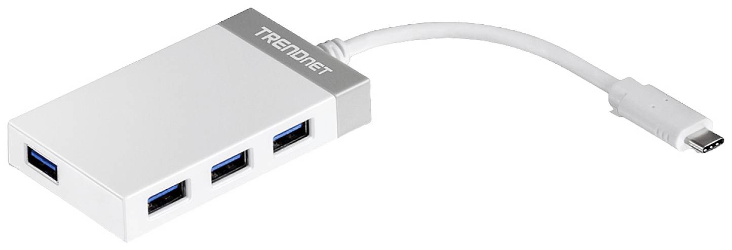 USB-C adaptér se čtyřmi porty USB 3.0 od značky TRENDnet, vhodný pro připojení několika zařízení k jednomu počítači.