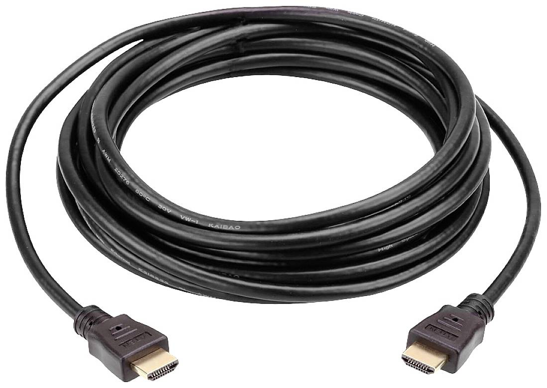 Černý HDMI kabel, navinutý, s koncovkou na každém konci.