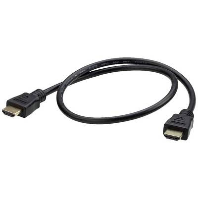 Černý HDMI kabel s koncovkami na obou stranách, vhodný pro připojení audiovizuálních zařízení, jako jsou počítače, k televizím.