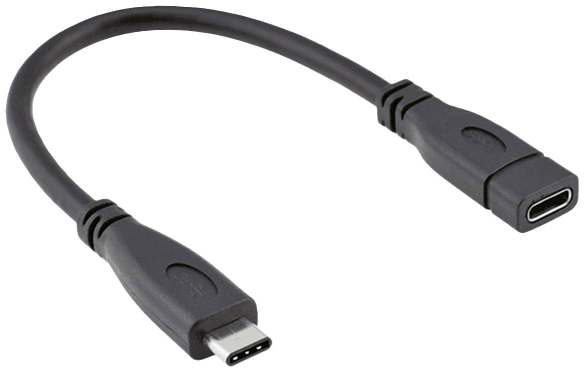 USB-C adaptérový kabel s konektorem na jedné straně a zásuvkou na straně druhé, před neutrálním pozadím.