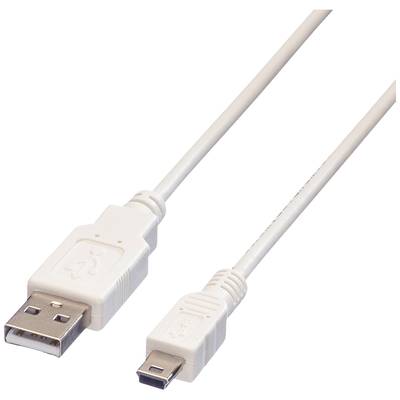 Bílý USB kabel se standardním USB konektorem na jedné straně a mini USB konektorem na straně druhé.