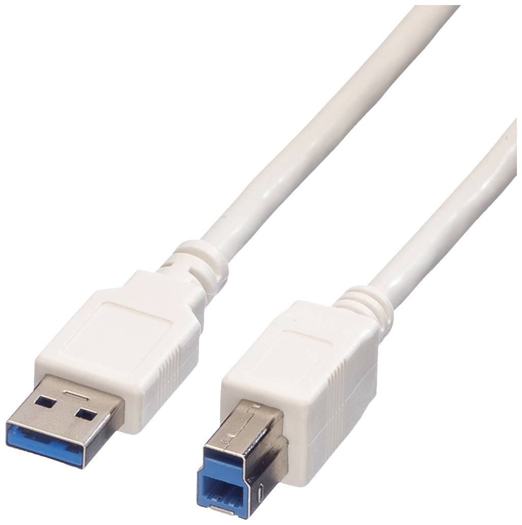 Dva bílé USB kabely, typ A a typ B, zobrazují konektory v detailním pohledu.
