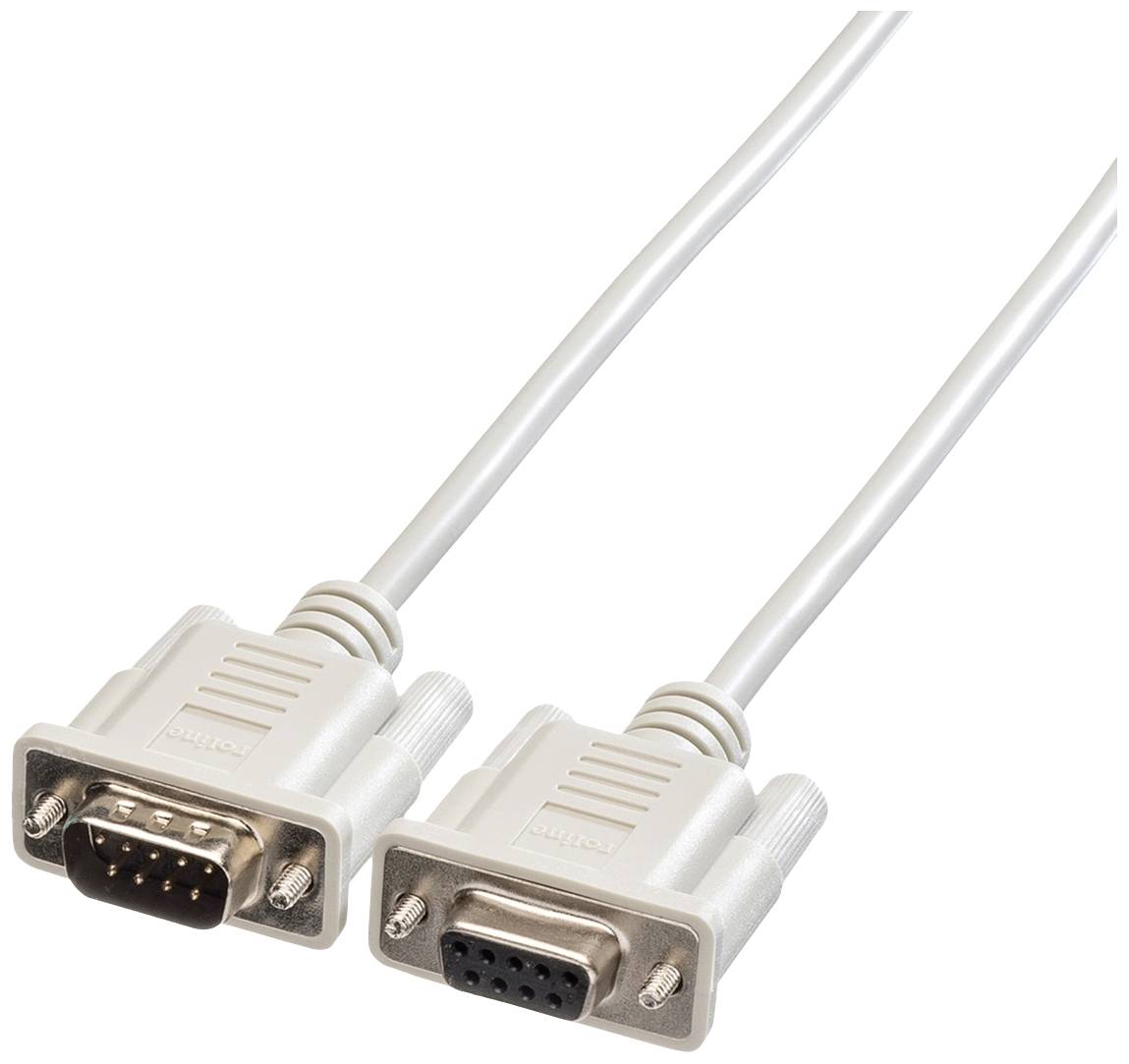 Sériový RS-232 kabel z šedého plastu s konektorem samec-samice, určený pro přenos dat.