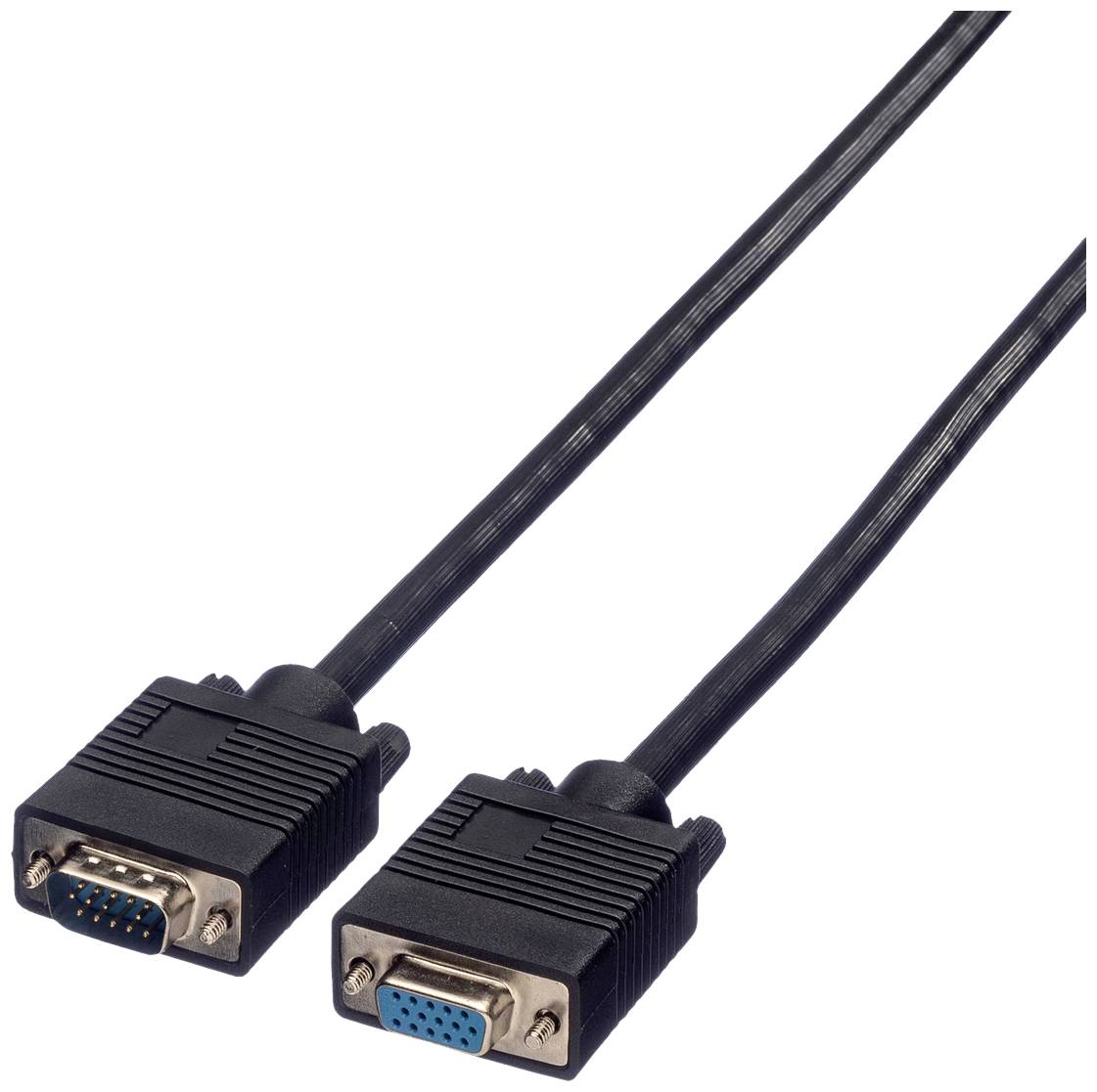 Dva černé VGA kabely ukazují typické 15-pinové konektory, které se používají pro připojení počítačů a monitorů.