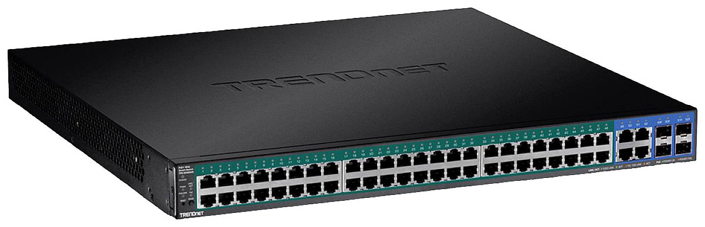 Černý síťový switch se 48 ethernetovými porty, vhodný pro použití v rozsáhlých síťových instalacích.