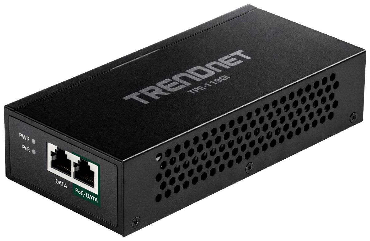 Černý síťový switch s dvěma ethernetovými porty a větracími otvory, na kterém je napsáno 'TRENDnet TPE-113GI'.