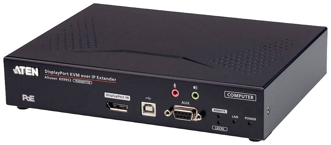 Černé zařízení s nápisem 'DisplayPort KVM Over IP Extender', s několika porty a kontrolkami na přední straně.