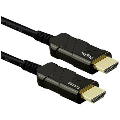 Dva černé HDMI kabely se zlatými konektory na bílém pozadí; jeden je označen nápisem "Display", druhý nápisem "Source".