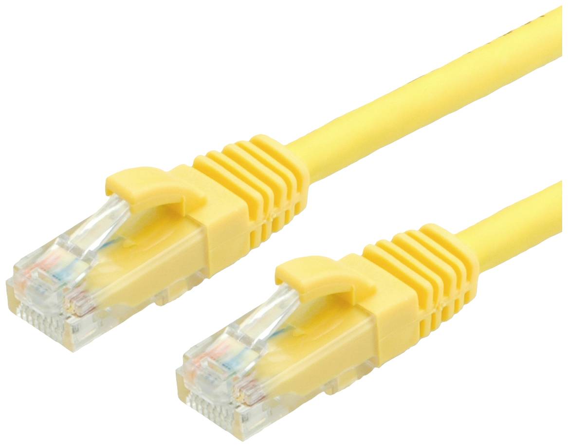 Dva žluté ethernetové kabely leží vedle sebe. Mají transparentní konektory a jsou vhodné pro síťová připojení.