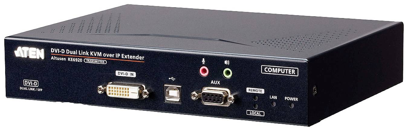 Černé zařízení KVM extenderu od společnosti ATEN s několika konektory, včetně DVI, USB, audio vstupů a výstupů a stavových indikátorů.