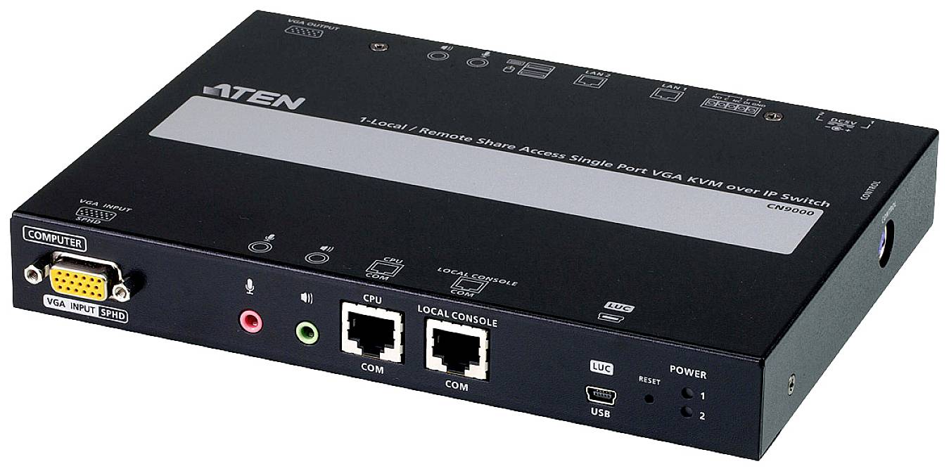Černý KVM přepínač pro vzdálený přístup, dva ethernetové porty, VGA a audio konektory, USB, ideální pro správu serverů.
