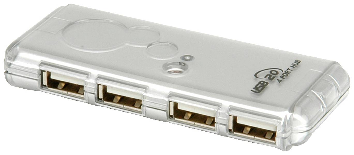Stříbrný USB 2.0 hub se čtyřmi porty, vhodný pro připojení několika USB zařízení k počítači.