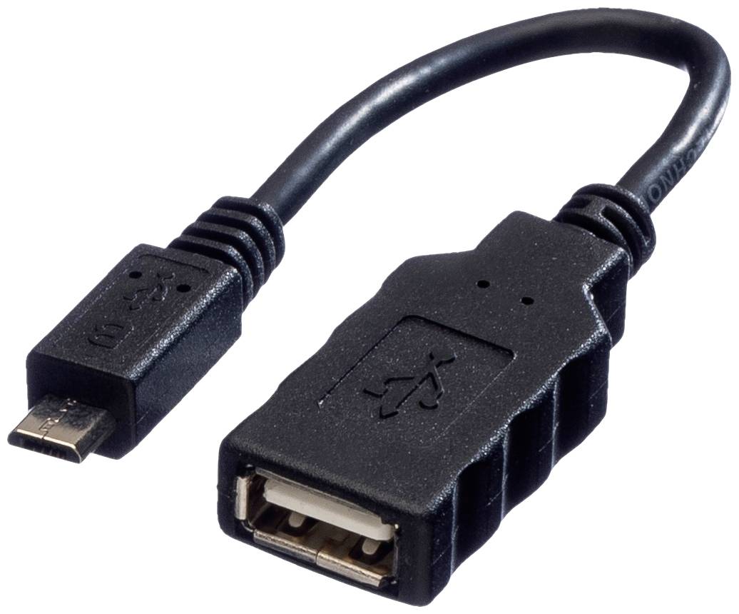 Černý USB adaptérový kabel s micro-USB konektorem a USB-A zásuvkou.