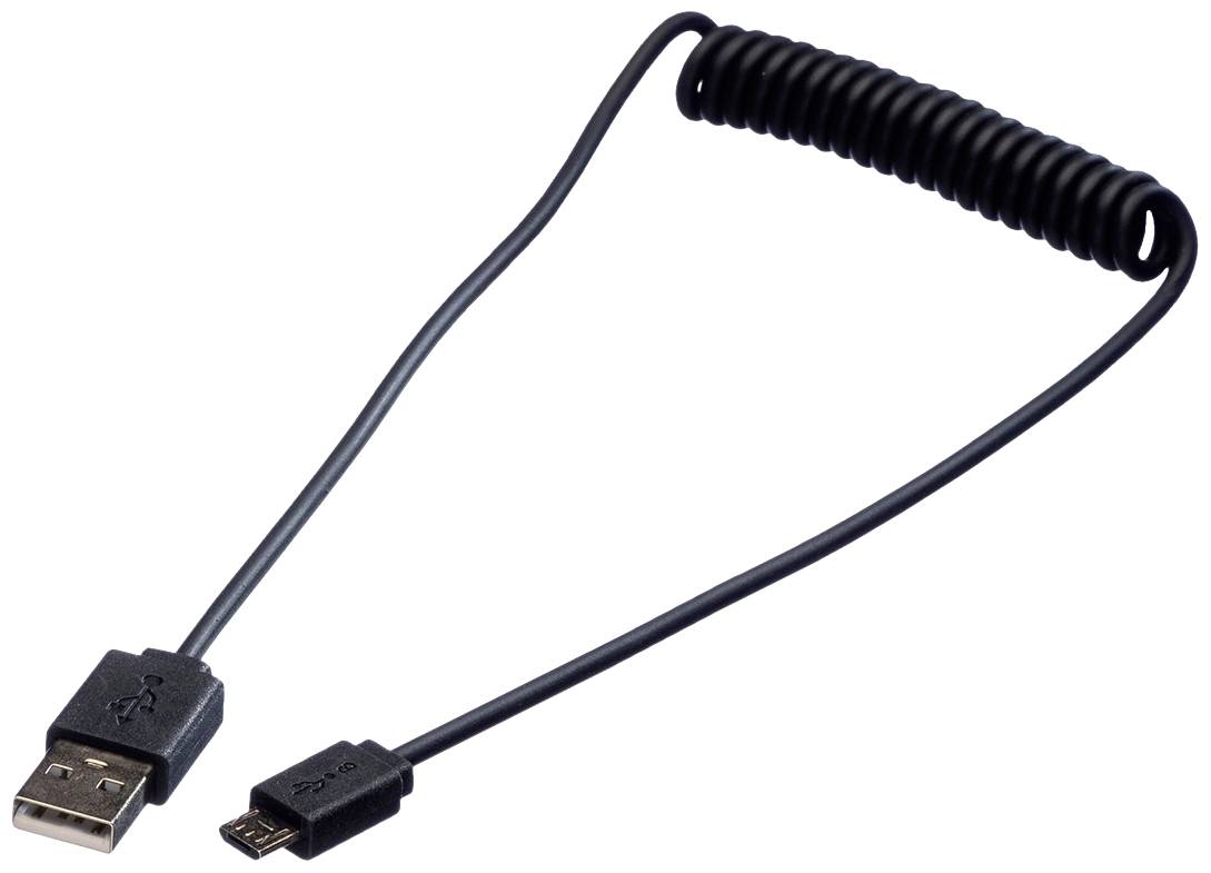 Spirálovitý USB kabel s konektory USB-A a Micro-USB, vhodný pro nabíjení nebo přenos dat mezi zařízeními.