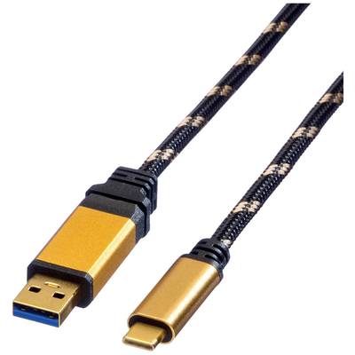 USB-C kabel s opletaným, vzorovaným obalem. Koncovky jsou zlatavé a robustně konstruované.