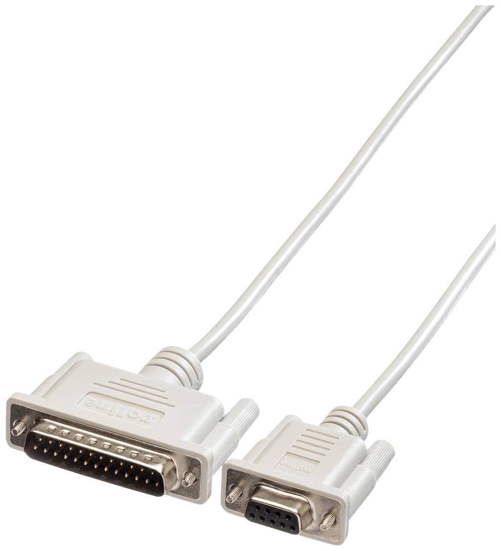 Šedý sériový kabel s velkým, obdélníkovým konektorem s mnoha piny a malým, obdélníkovým konektorem s méně piny.