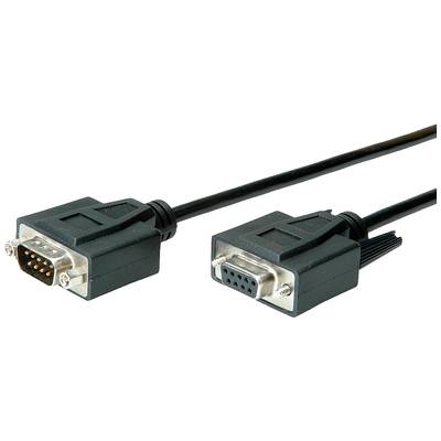 Černý kabel s dvěma RS-232 konektory. Vlevo samec 9-pinového DB9 konektoru, vpravo samice DB9 konektoru.