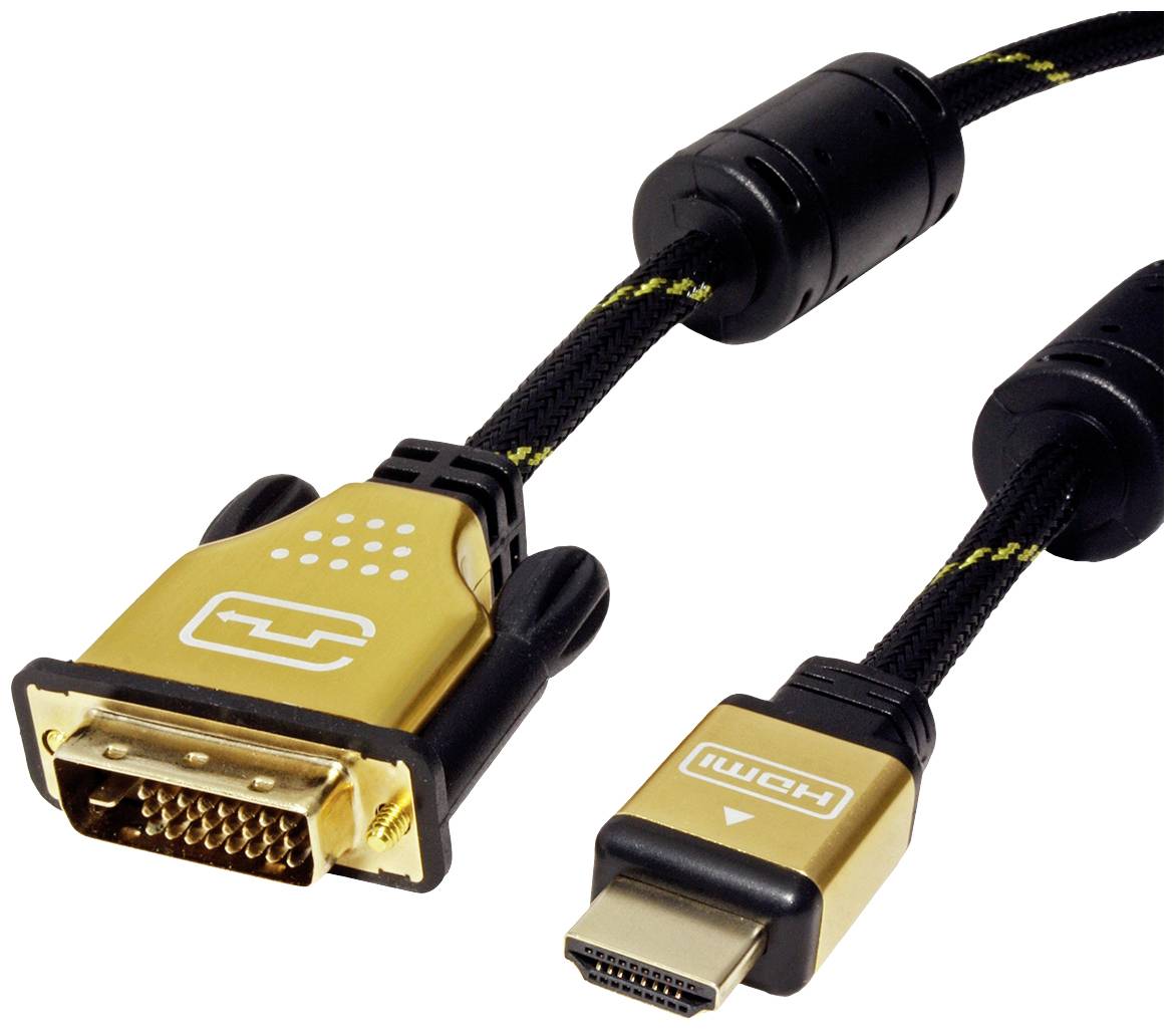 HDMI-DVI kabel se zlatými konektory a černým kabelem. Používá se pro připojení zařízení s HDMI a DVI porty.