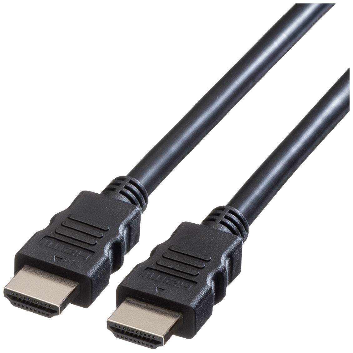 Černý HDMI kabel se dvěma konektory, který se používá k přenosu audio a video signálů mezi zařízeními.