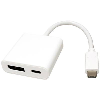 Bílý adaptér s USB-C zástrčkou a HDMI a USB-C zdířkami. Propojuje zařízení s USB-C s displeji HDMI.