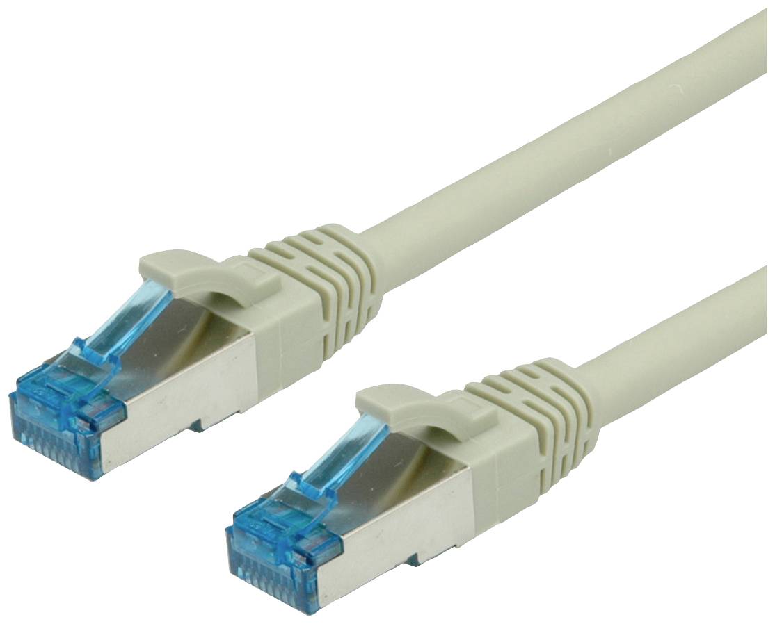 Dva béžové ethernetové kabely s modrými konektory, používané pro síťová připojení.