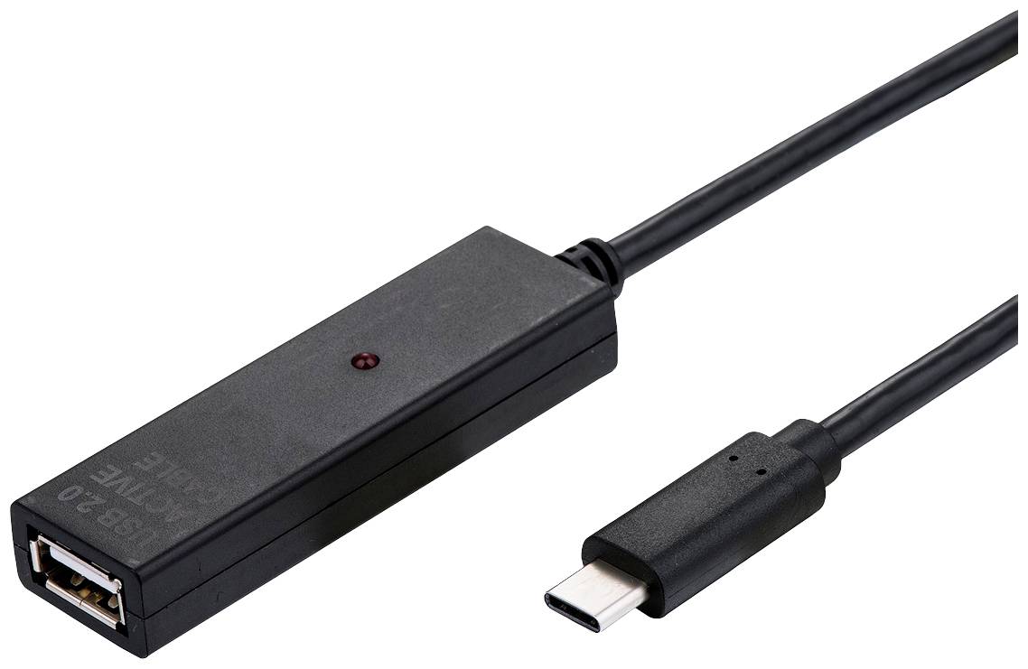 Adaptační kabel USB-C na USB: Tmavé pouzdro, konektor USB-C na zásuvku USB-A, určený pro připojení starších zařízení k novým portům.