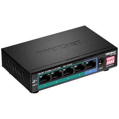 Pětoportový gigabitový PoE switch v černém provedení. Porty označené vpředu, červené DIP přepínače vpravo, značka 'TRENDnet'.