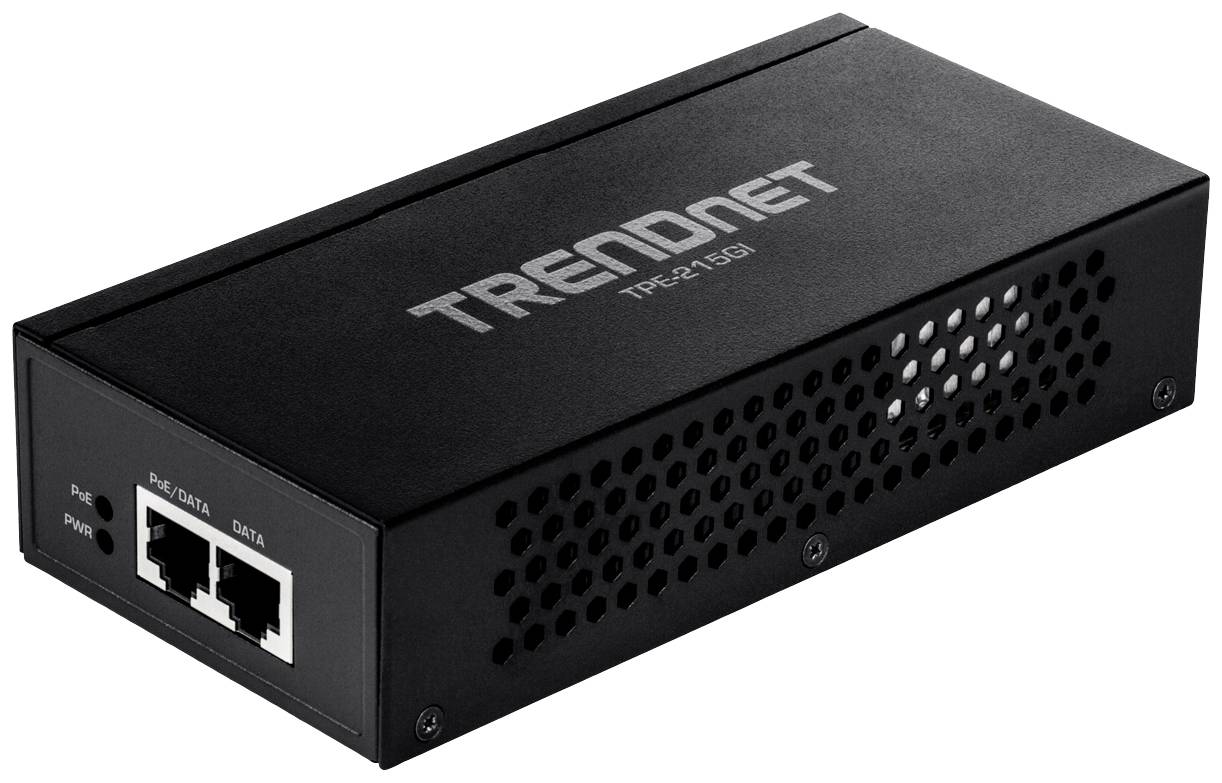 Černý síťový splitter značky TRENDnet se dvěma ethernetovými porty, označenými 'PWR+DATA' a 'DATA', s větracími otvory.