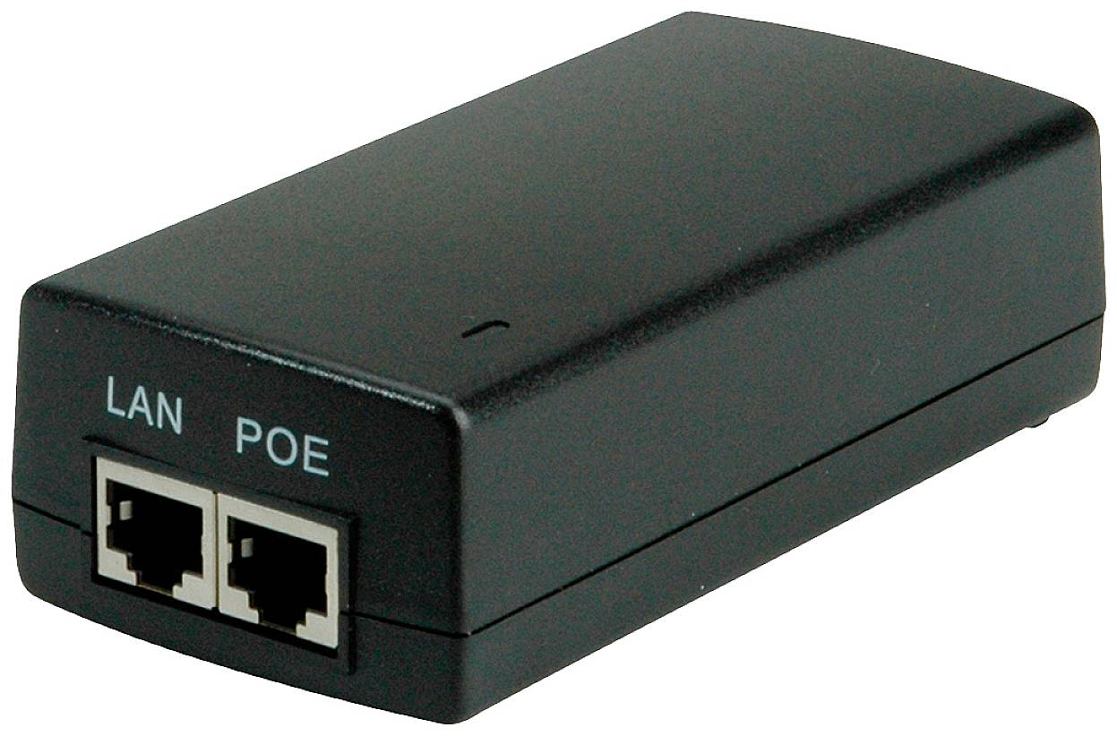 Černý Power-over-Ethernet (PoE) adaptér se dvěma ethernetovými porty, označenými jako 'LAN' a 'POE'.