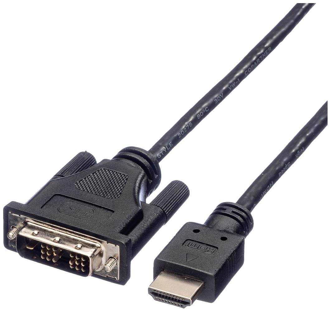 Černý kabel s konektory DVI a HDMI pro propojení počítačů s monitory nebo projektory.