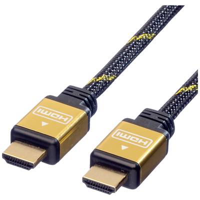 Dva zlaté HDMI kabely s černým opletením. Jsou vhodné pro připojení elektronických zařízení, jako jsou televize nebo počítače.