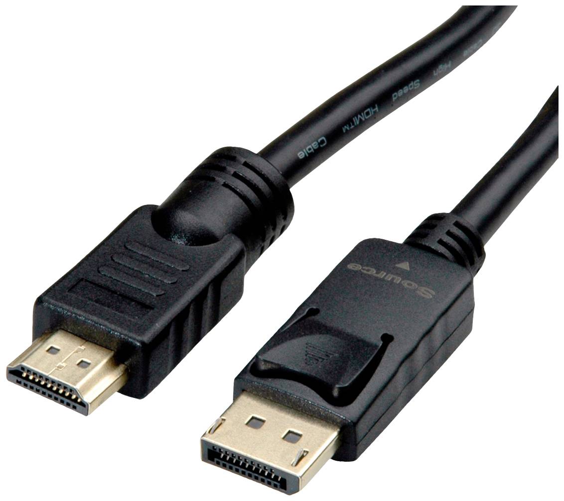 HDMI na DisplayPort kabel se dvěma černými konektory. Vhodný pro propojení počítačů s monitory.