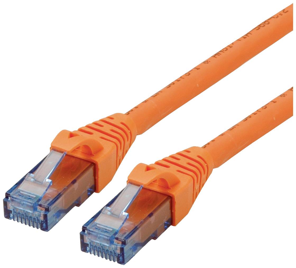Dva oranžové ethernetové kabely s průhlednými modrými konektory ukazují možnosti připojení síťových zařízení.