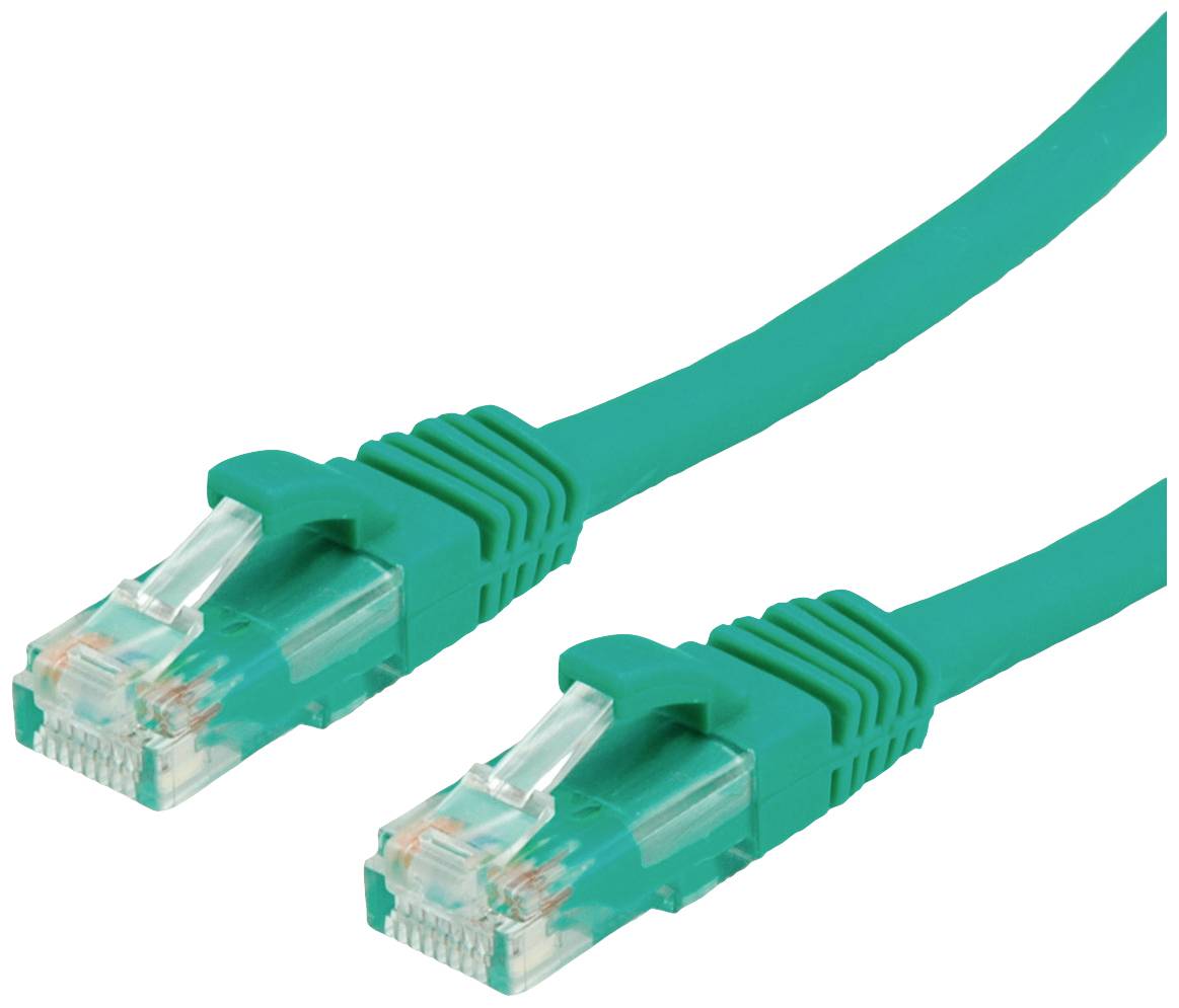 Dva zelené ethernetové kabely s konektory RJ45, které jsou umístěny rovnoběžně vedle sebe. Slouží k propojení síťových zařízení.